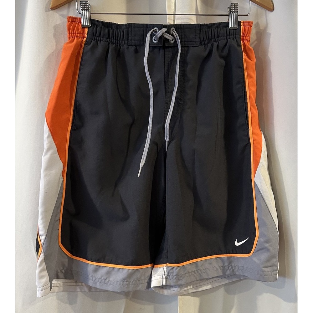 Nike‎ Swim Trunks Mens Medium Gray Orange Shorts Pool Beach Swimming Surfing